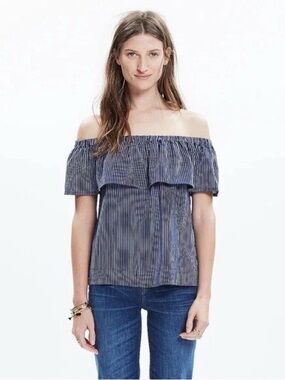 Madewell silk Off-Shoulder Blue Stripe Women's Top size medium